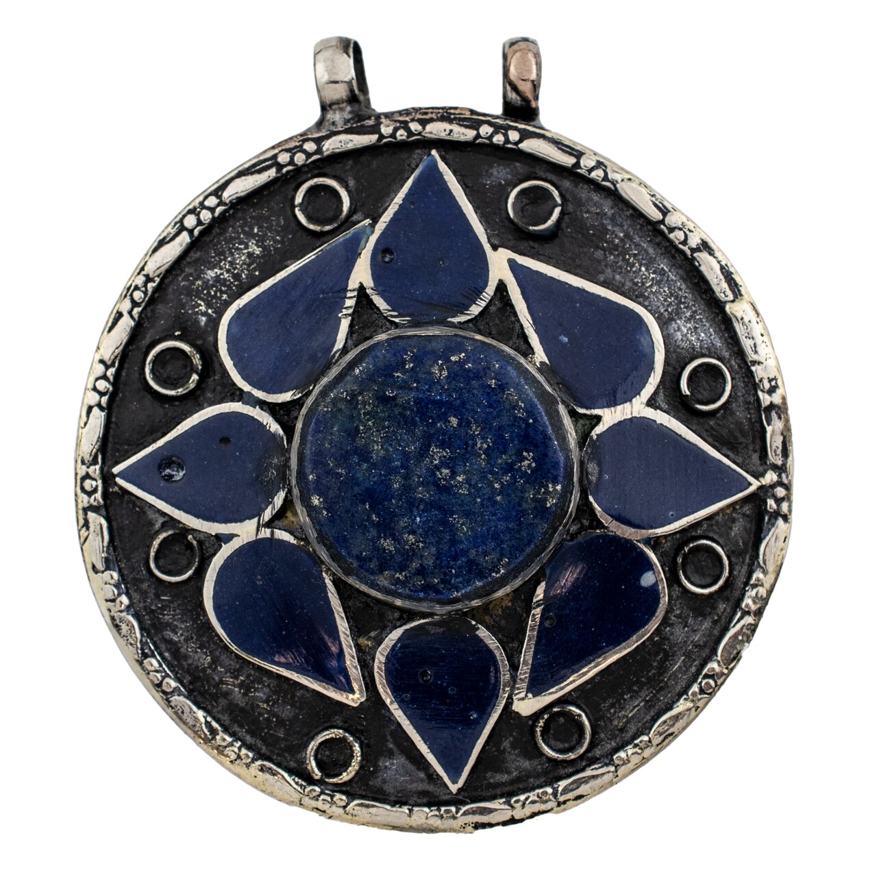 The Bead Chest Lapis-Inlaid Afghan Tribal Pendant 56x62mm Afghanistan Blue Round White Metal Large Hole